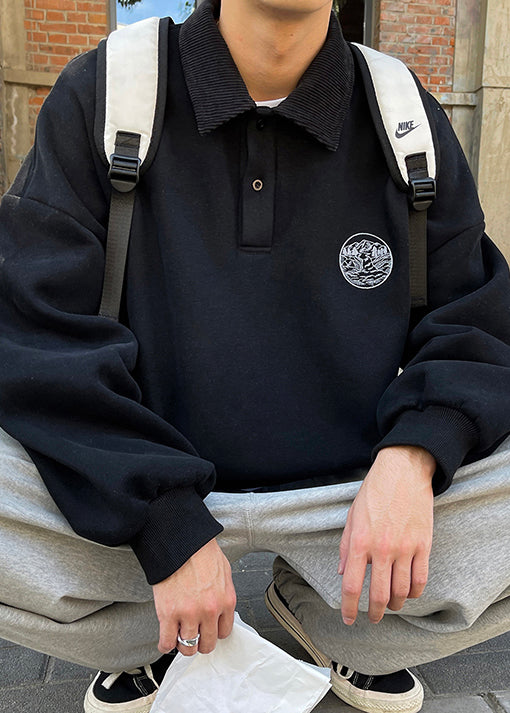 Loose Apricot Peter Pan Collar Button Cotton Men Sweatshirt Spring TC027