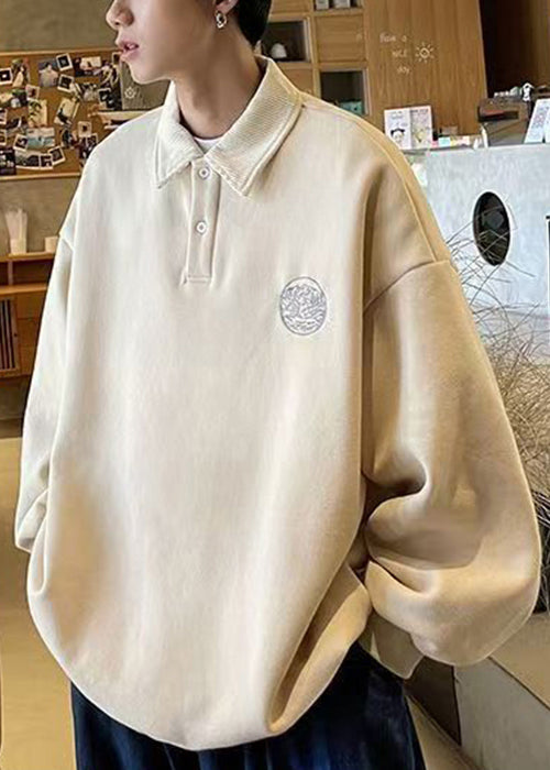 Loose Apricot Peter Pan Collar Button Cotton Men Sweatshirt Spring TC027