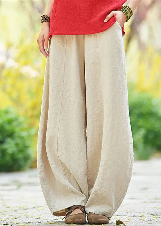 Loose Apricot Pockets Elastic Waist Linen Pants Summer Ada Fashion