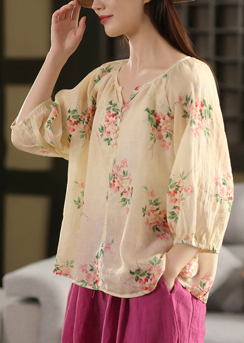 Thin Apricot Print Blouses Button Summer Loose Linen
