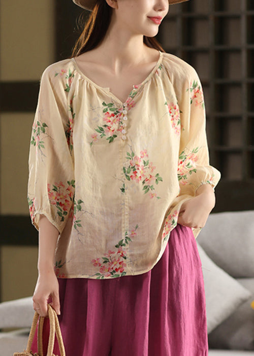 Thin Apricot Print Blouses Button Summer Loose Linen