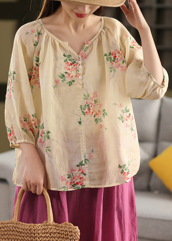 Thin Apricot Print Blouses Button Summer Loose Linen