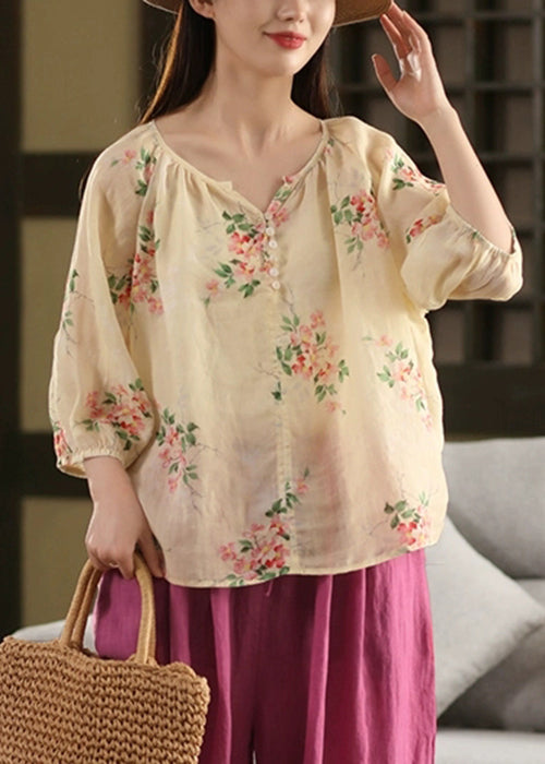 Thin Apricot Print Blouses Button Summer Loose Linen