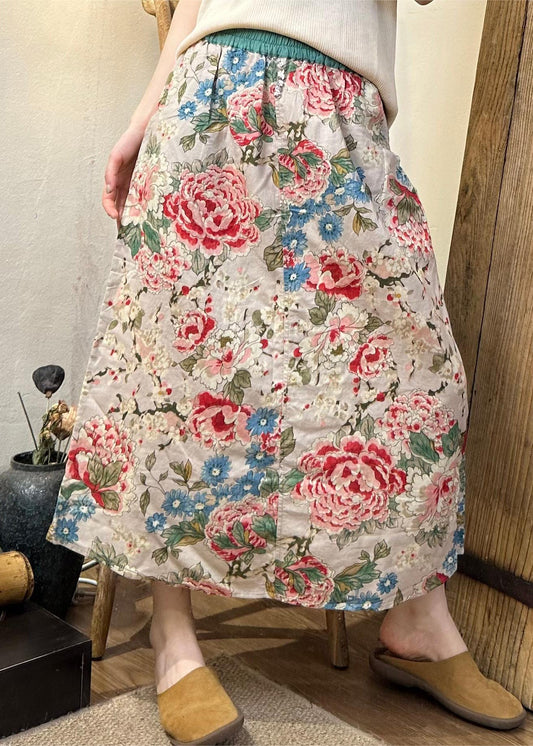 Lockerer Apricot-Print-Taschen, elastische Taille, Baumwollrock, Sommer JH017