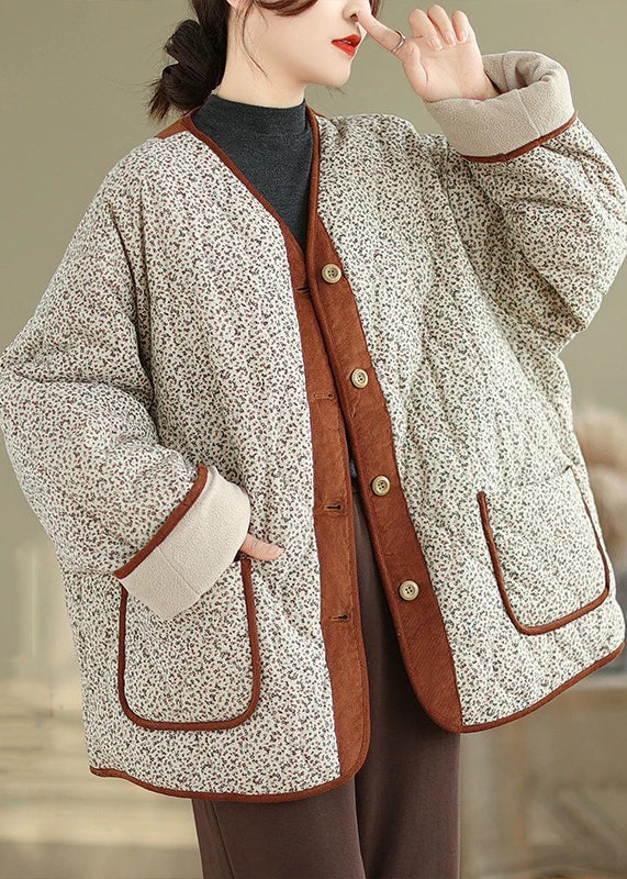 Loose Apricot Print Pockets Patchwork Warm Fleece Coat Winter QG043