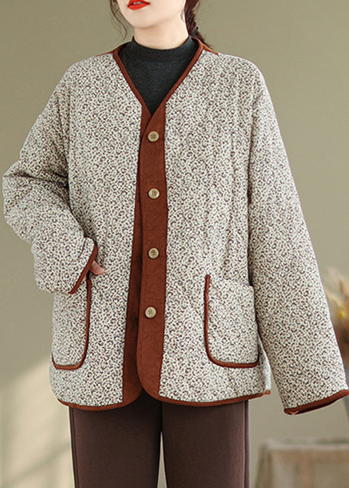 Loose Apricot Print Pockets Patchwork Warm Fleece Coat Winter QG043