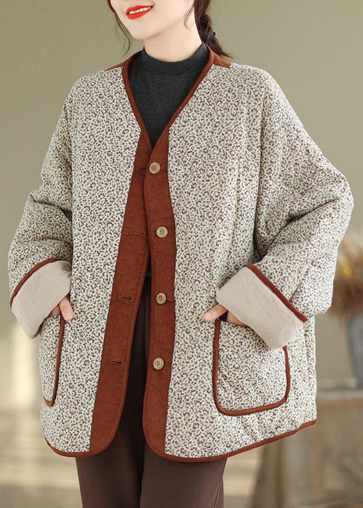 Loose Apricot Print Pockets Patchwork Warm Fleece Coat Winter QG043