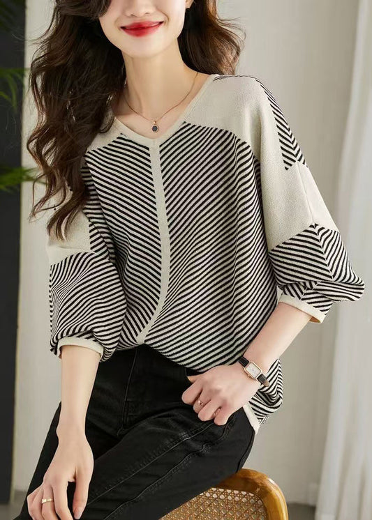 Neck Striped V Patchwork Knit Loose Spring Apricot Sweaters