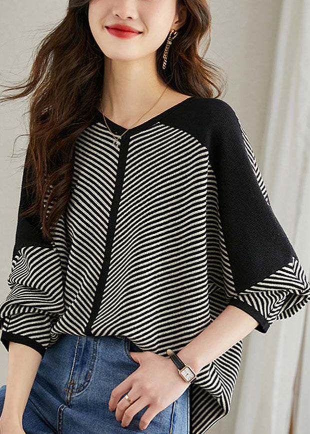 Neck Striped V Patchwork Knit Loose Spring Apricot Sweaters