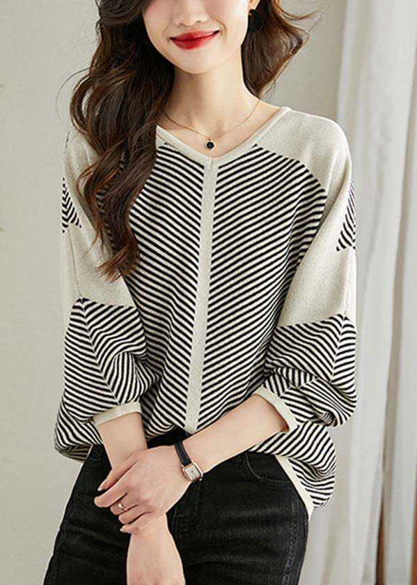 Neck Striped V Patchwork Knit Loose Spring Apricot Sweaters