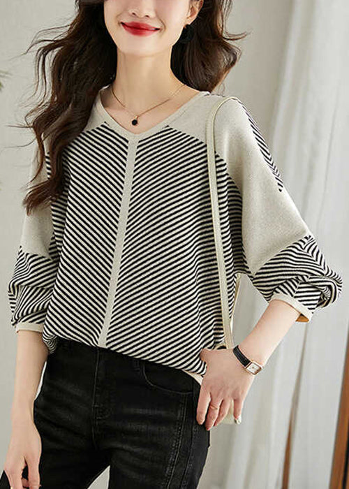 Neck Striped V Patchwork Knit Loose Spring Apricot Sweaters