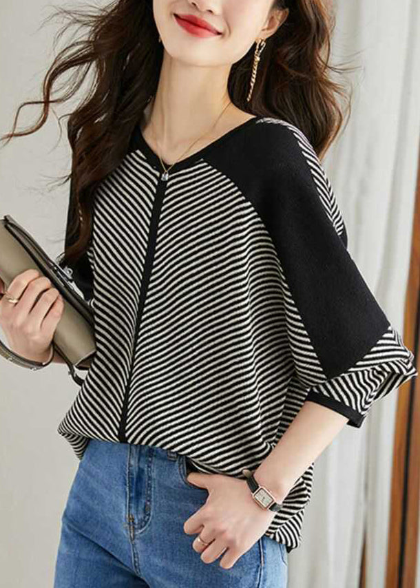 Neck Striped V Patchwork Knit Loose Spring Apricot Sweaters