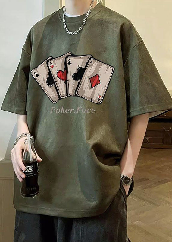 Faux Print Shirts O Green Loose Army Suede Neck Summer Men T