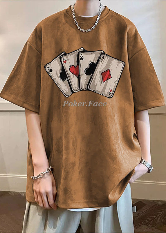 Faux Print Shirts O Green Loose Army Suede Neck Summer Men T