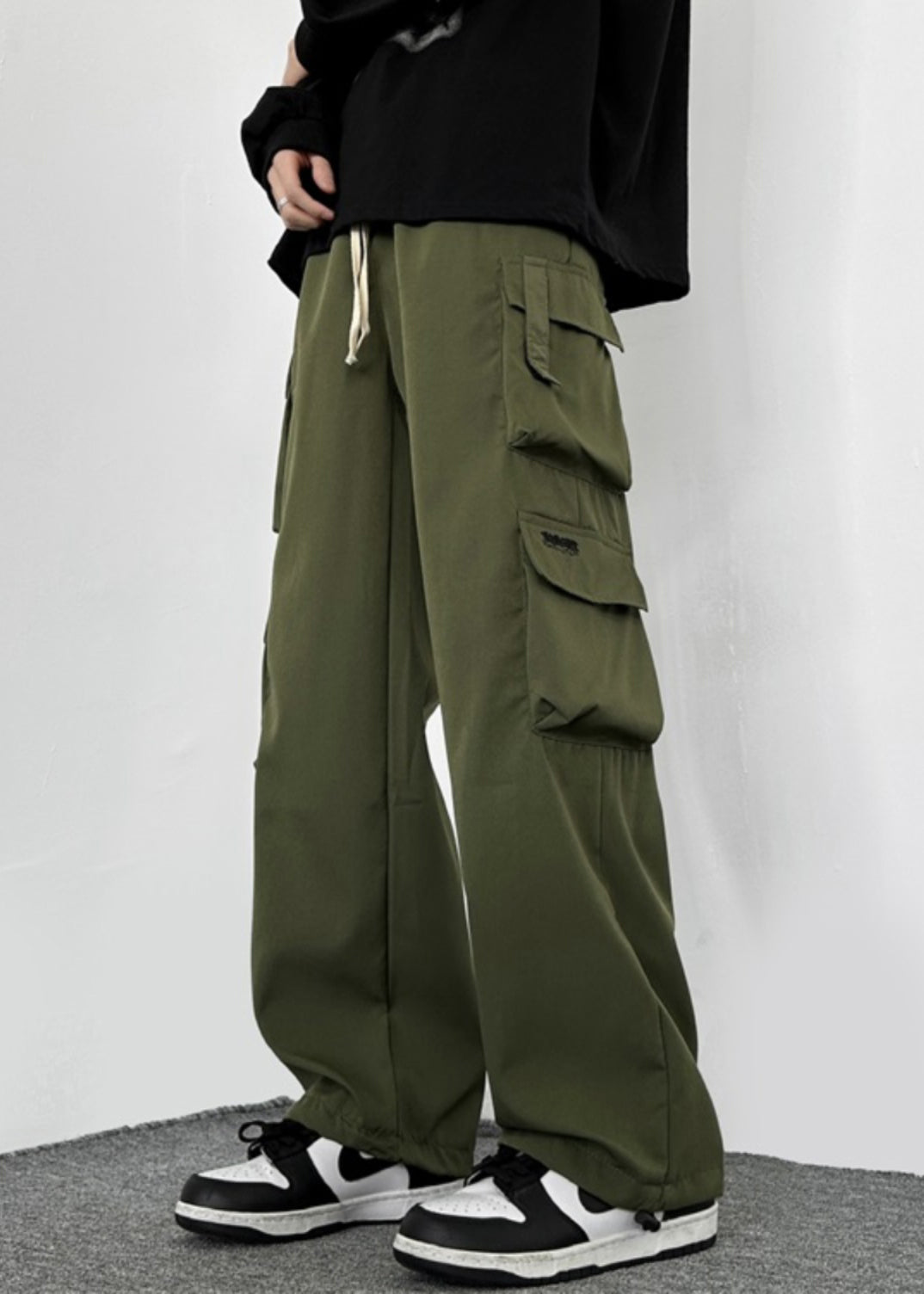 Green Cotton Pockets Mens Drawstring Casual Army Loose Pants
