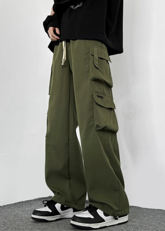 Green Cotton Pockets Mens Drawstring Casual Army Loose Pants