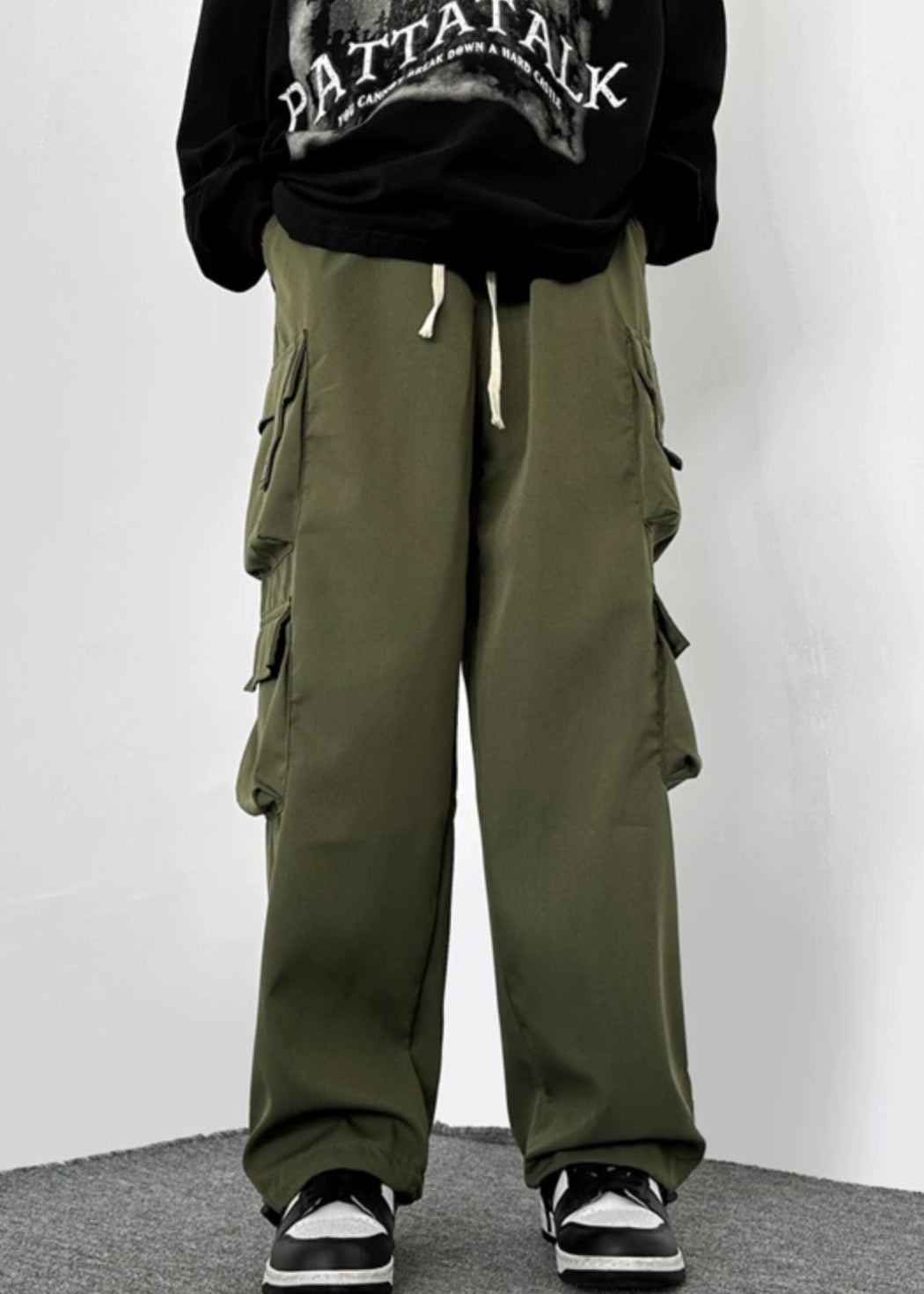 Green Cotton Pockets Mens Drawstring Casual Army Loose Pants
