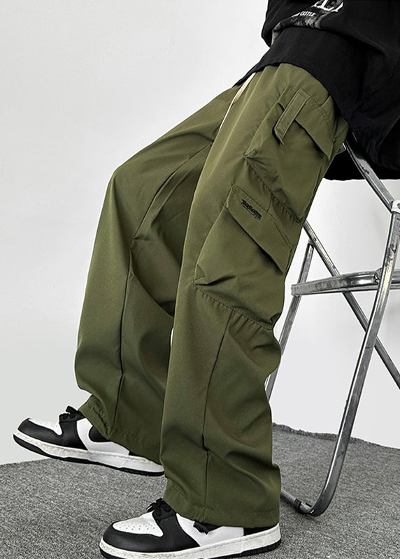 Green Cotton Pockets Mens Drawstring Casual Army Loose Pants