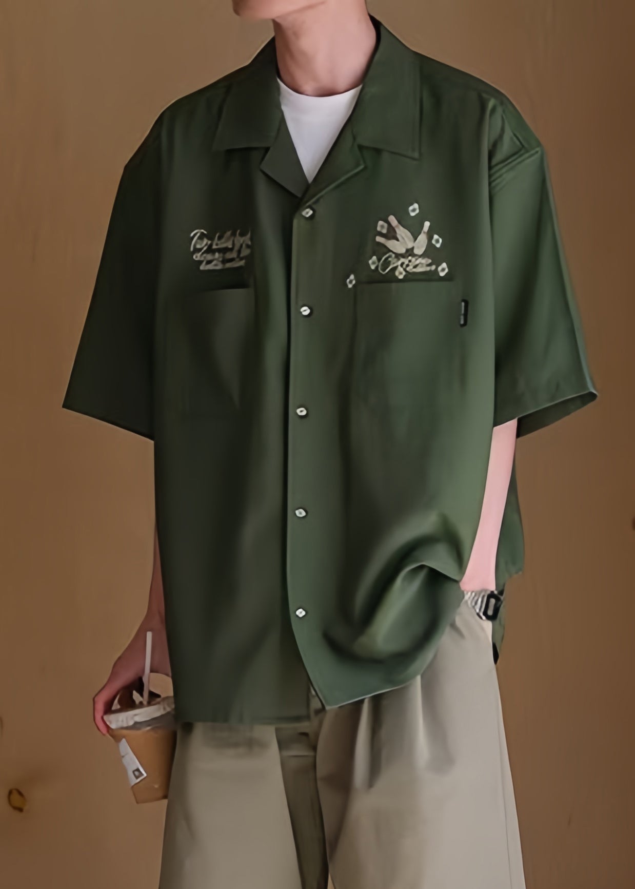 Green Ice Shirts Print Half Sleeve Men Army Silk Pockets Loose