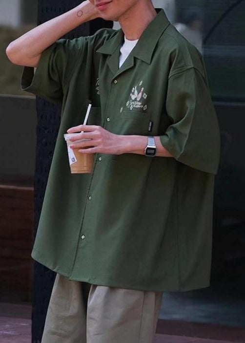 Green Ice Shirts Print Half Sleeve Men Army Silk Pockets Loose