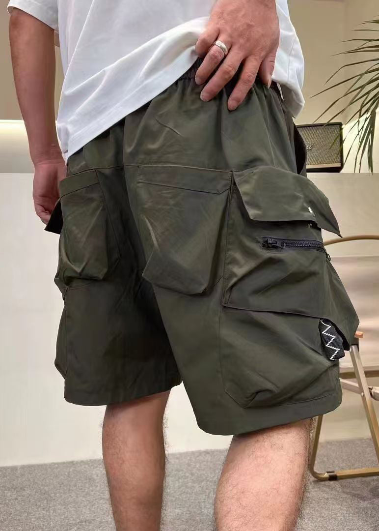 Up Mens Zip Elastic Loose Army Cotton Shorts Green Waist Pockets