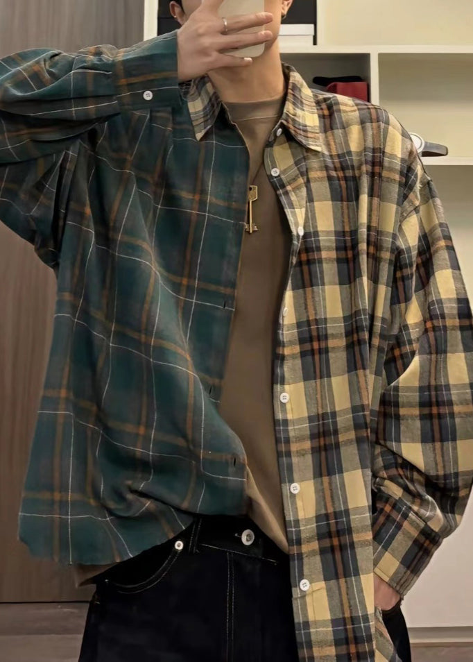 Loose Shirts Plaid Asymmetrical Spring Cotton Mens Button