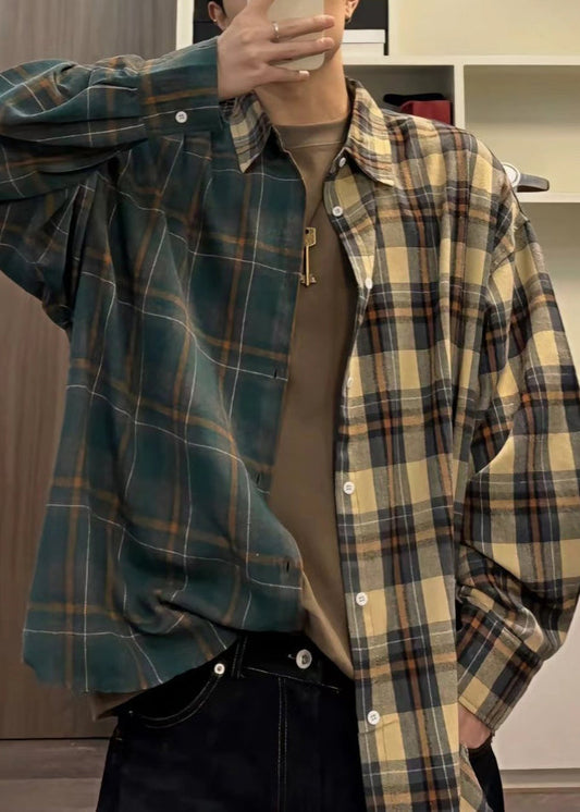 Loose Shirts Plaid Asymmetrical Spring Cotton Mens Button