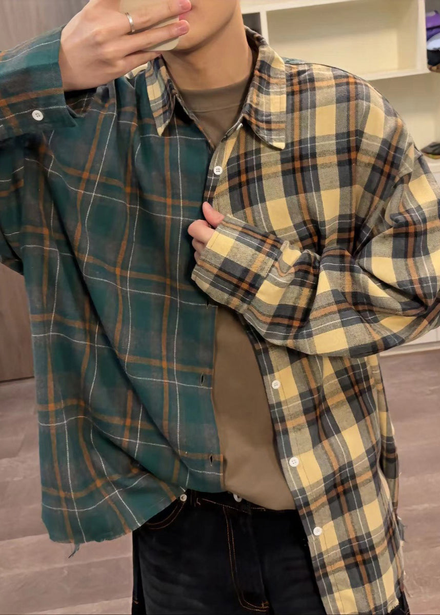 Loose Shirts Plaid Asymmetrical Spring Cotton Mens Button