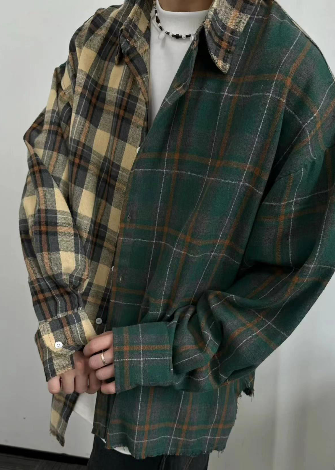 Loose Shirts Plaid Asymmetrical Spring Cotton Mens Button