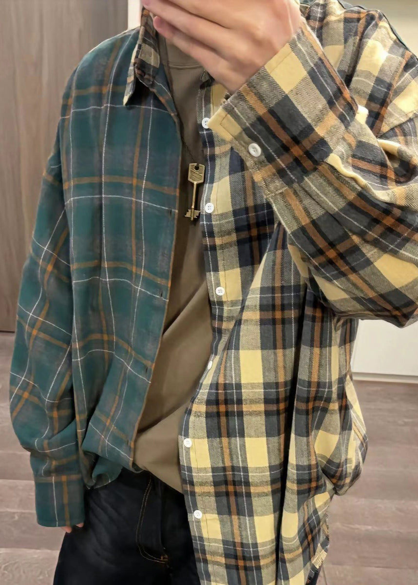 Asymmetrical Plaid Loose Spring Button Cotton Shirts Mens