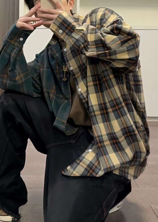 Loose Shirts Plaid Asymmetrical Spring Cotton Mens Button