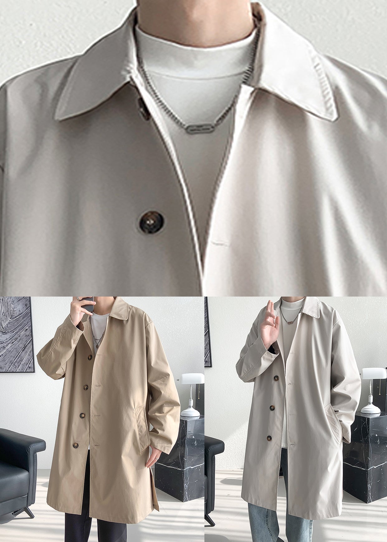 Loose Beige Button Pockets Side Open Cotton Mens Coat Spring YQ008
