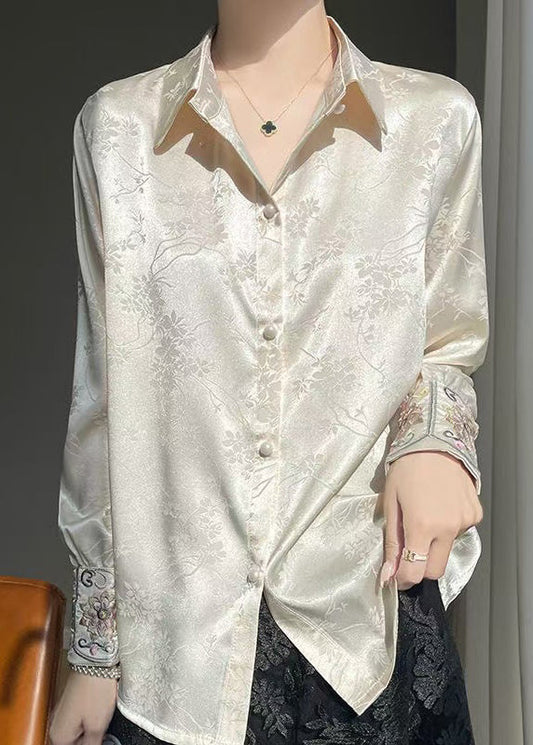 Button Embroidered Beige Fall Shirt Silk Loose