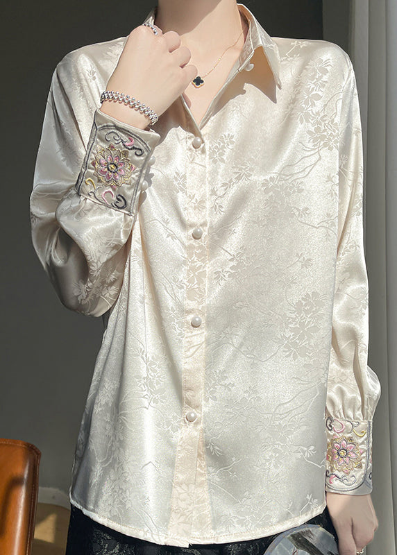 Button Embroidered Beige Fall Shirt Silk Loose