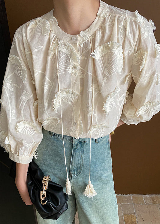 Loose Up Tasseled Blouses Cotton Lace Bracelet Beige Embroidered