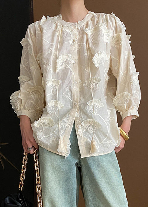 Loose Up Tasseled Blouses Cotton Lace Bracelet Beige Embroidered
