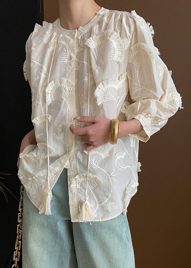 Loose Up Tasseled Blouses Cotton Lace Bracelet Beige Embroidered