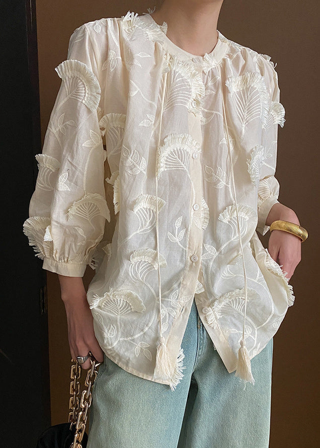 Loose Up Tasseled Blouses Cotton Lace Bracelet Beige Embroidered