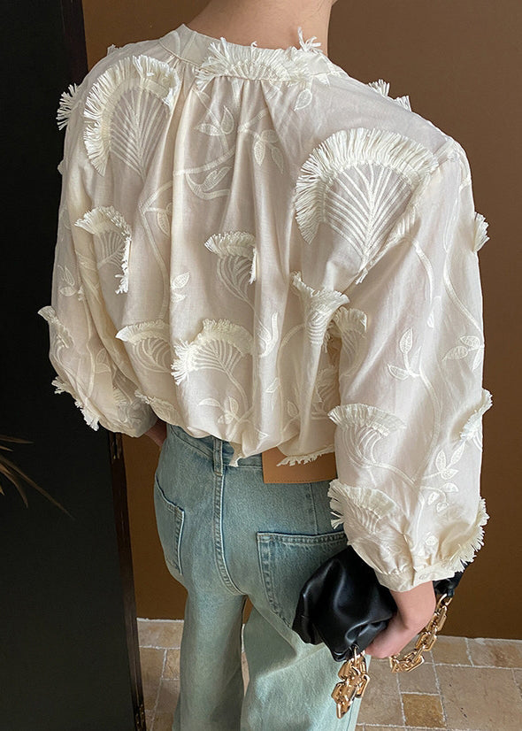 Loose Up Tasseled Blouses Cotton Lace Bracelet Beige Embroidered