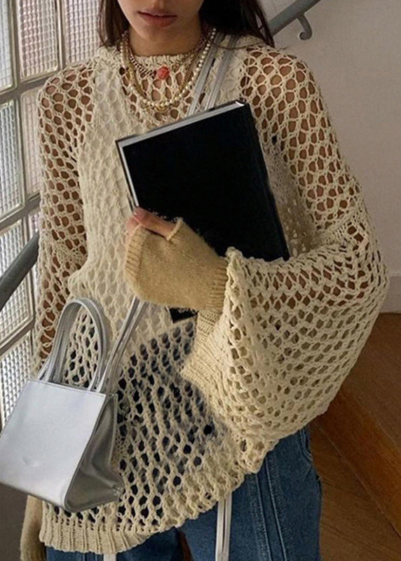 Sweater Knit Loose Solid Hollow Out Beige Summer