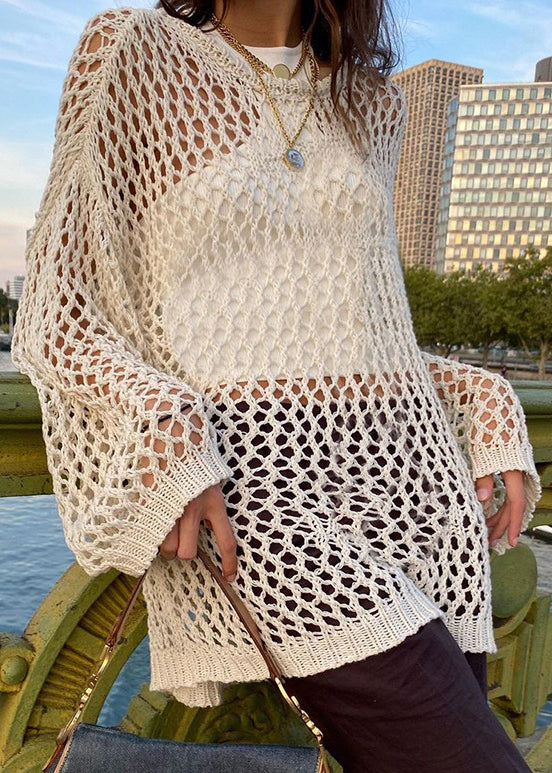 Sweater Knit Loose Solid Hollow Out Beige Summer