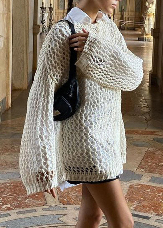 Sweater Knit Loose Solid Hollow Out Beige Summer