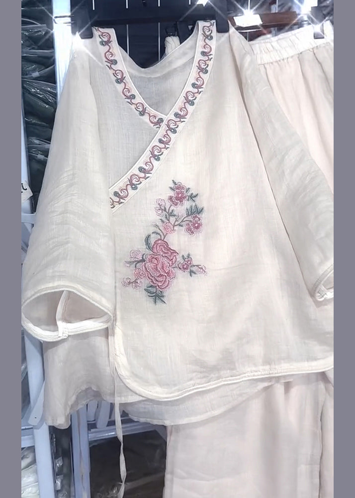 Set Two Lace Fall Loose Embroidered Pieces Neck Beige Linen O Up