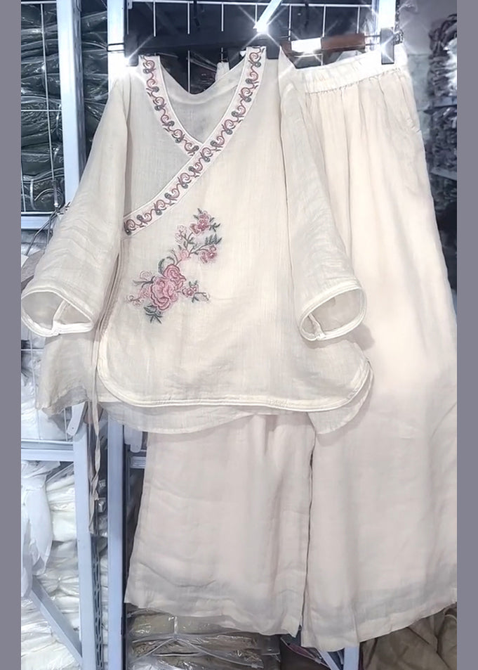 Set Two Lace Fall Loose Embroidered Pieces Neck Beige Linen O Up