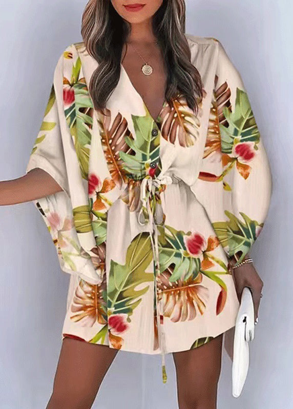 Sleeve Beige Mid Cotton Lace Up Print Batwing Loose Dresses