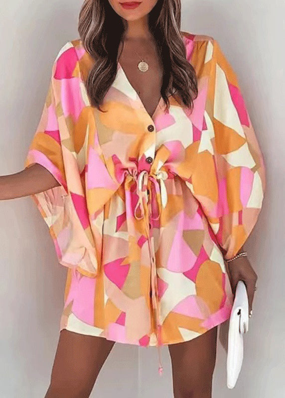 Sleeve Beige Mid Cotton Lace Up Print Batwing Loose Dresses