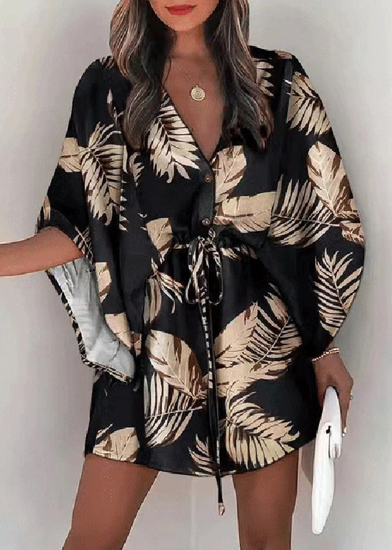 Sleeve Beige Mid Cotton Lace Up Print Batwing Loose Dresses