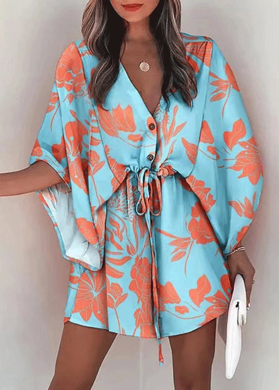 Sleeve Beige Mid Cotton Lace Up Print Batwing Loose Dresses