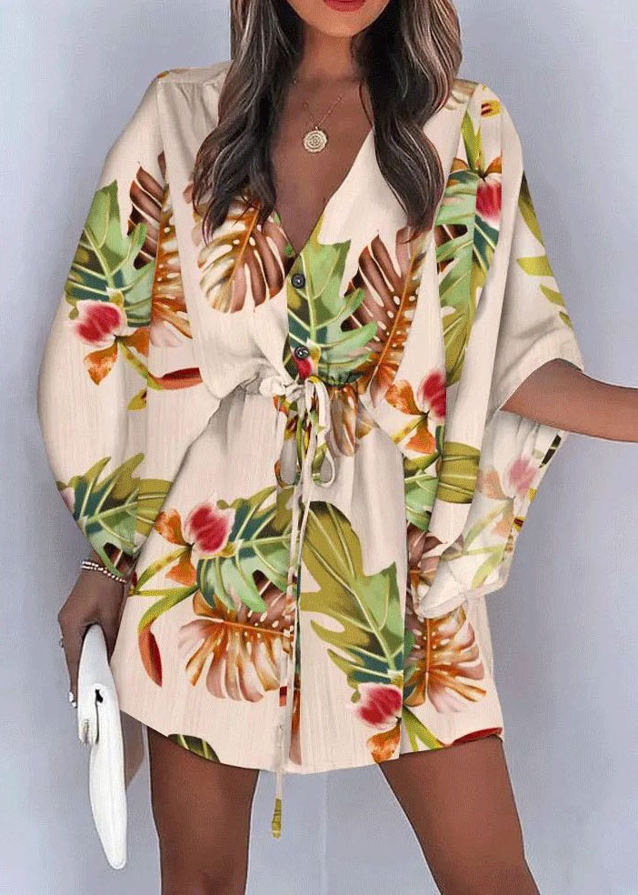 Sleeve Beige Mid Cotton Lace Up Print Batwing Loose Dresses