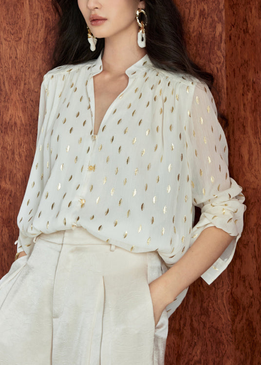 Collar Print Beige Chiffon Loose Fall Stand Shirts